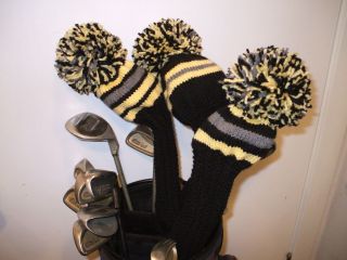 Hand knit golf club head covers NEW, Black/Yellow/ grey Custom set of