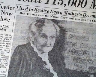 HARRY S. TRUMAN Mother Martha E. Truman Death 1947 Newspaper *