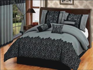  Flocking Paisley Comforter Set Bed in A Bag Queen Grey Black
