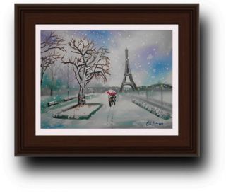 Paris Eiffel Tower Couple Winter Snow Scene Original Painting Gordon
