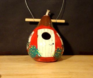 Red and White Cottage Birdhouse Gourd Handpainted