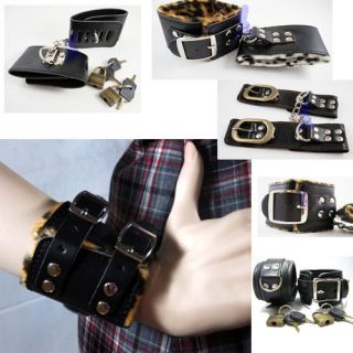  Leather Wrist Ankle Cuffs Chain Leather Buckle Black Punk New US