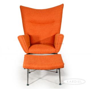 Hans J Wegner Style Wing Chair Ottoman Cinnabar Twill Danish Mid
