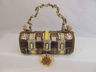 Mary Frances Beaded Gold Hard Body Brown Shell Purse Handbag Excellent