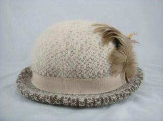  Soft White and Heather Grey Wool Knitted Covered Feather Hat