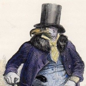 1842 Grandville The Debt Collector Bird Hawk Hand Colored Engraving