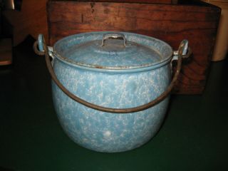 Antique Primitive Blue Granite Ware Enamelware Pot Bucket w Lid Handle
