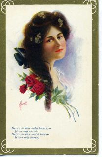 Vintage Postcard Artist Signed F Heinze Pretty Woman