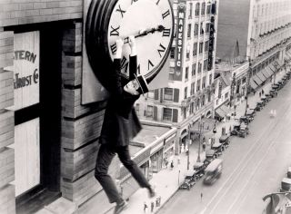 Harold Lloyd Hanging from Clock Safety Last Black and White Photograph
