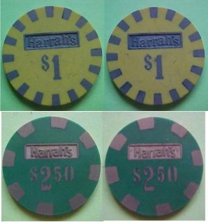 N5143 N5132 Reno Tahoe NV Harrahs $1 and $2 50 Casino Chips 1980s