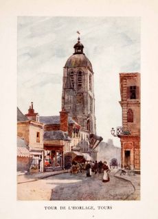 1907 Color Print Herbert Marshall Tours Horloge Clock Tower Street