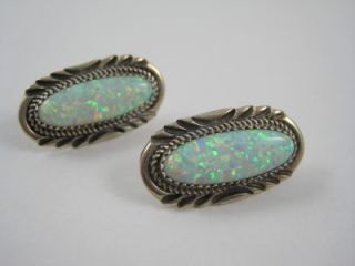 Navajo Harry H Spencer Sterling Silver Lab Opal Stamped Earrings 1 1 8