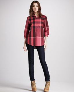 Burberry Brit Long Sleeve Check Print Sweater & Skinny Ankle Zip Jeans