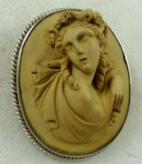 Lovely Victorian Sterling Silver Volcanic Lava Portrait Cameo Brooch