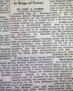  War II Newspaper REINHARD HEYDRICH Nazis Hangman SS Leader Near DEATH