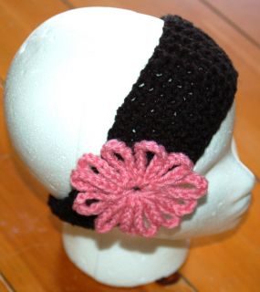 Handmade Hand Craft Crochet Headband Black with Pink Flower Accent