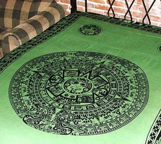 Green Aztec Calendar Tapestry Bed Sheet Wall Hanging
