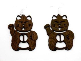 Brown Lucky Cat Number One Wooden Earrings GTJ Jewelry