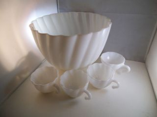 Vintage Hazel Atlas Milk Glass Alpine White Swirl Punch Bowl Four Cups