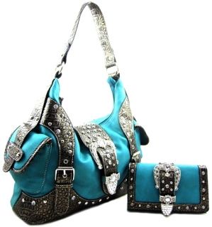  Rhinestone Belt Buckle Stud Hobo Purse Bag Wallet Set Turquoise