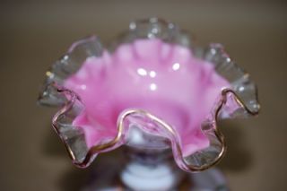 Vtg Fenton Charleton Silver Crest Peach Rose Crimped Melon Vase w