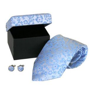 Floral Silver Grey & Light Blue 100% Silk Necktie & Cufflinks by Cuff