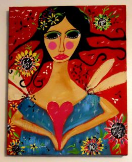 Angel Heart Soul Mexican Primitive Folk Painting Original Canvas Bella