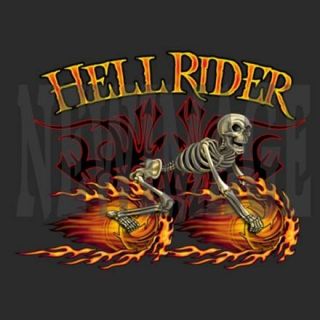 Mens Biker Long Sleeve Hell Rider Skeleton on Motorcycle Wheels on