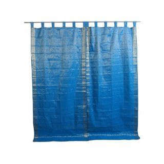 Blue Brocade India Curtains  Pair of Blue Gold Tab Top