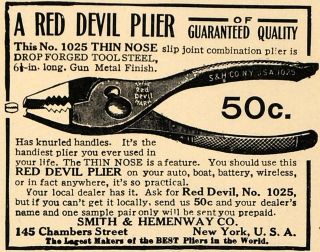 1915 Ad Smith Hemenway Co Red Devil Plier Tools Original Advertising