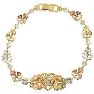 14k Tricolor Gold, 15 Anos Quinceanera Butterfly Bracelet with Lab