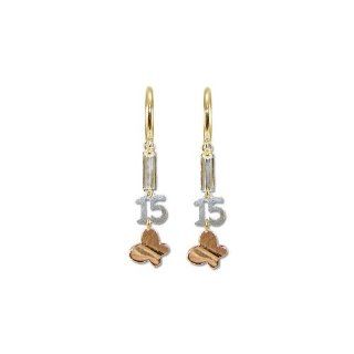 14k Tricolor Gold, Quinceanera 15 Anos Butterfly Earring Lab Created
