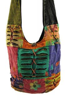 Cotton Hobo Bag with Razor Cut Tie Dye Acccents Flower Appliques