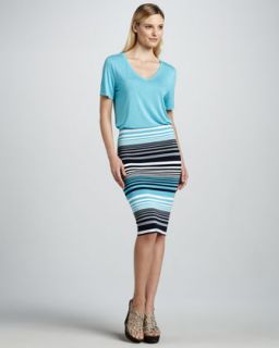 44U9 Three Dots V Neck Jersey Tee & Multi Striped Pencil Skirt