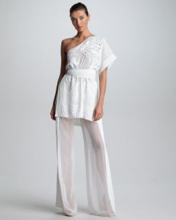 Emilio Pucci Embroidered One Shoulder Tunic & Sheer Panel Wide Leg