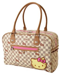  AUTHENTIC HELLO KITTY GRID CHECKERED LARGE BEIGE OVERNIGHT TRAVEL BAG