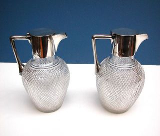 Fine Pair of English Sterling Silver Cut Crystal Claret Jugs C 1892
