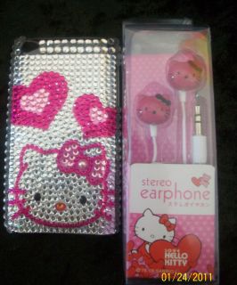 Hello Kitty iPod Touch 4G Case Cover Earbuds Rhinestone Horz Hearts