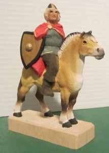 HENNING WOODEN VIKING SOLDIER WITH SHIELD & SWORD ON HORSE HAND CARVED
