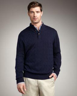 N1CWW Peter Millar Cable Knit Henley Sweater, Navy