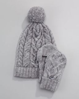 428S  Cashmere Cable Knit Hat & Mittens, Gray Flannel, 6