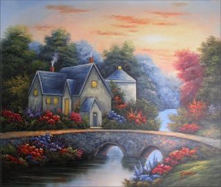 High Q. Hand Painted Oil Painting Bridge Side Cottage 24x20