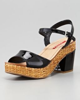 Patent Wicker Platform Sandal, Black