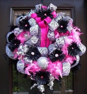 Zebra Christmas Wreath Door Decor Hot Pink & Black Princess Glamorous