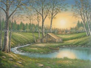 Rural Landscape Oil Paintings Canvas Art Cabin by Lake