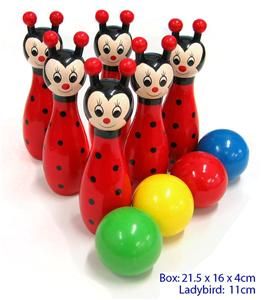 New Childrens Wooden Bowling Skittles Game Set Ladybird