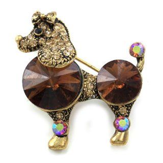 Adorable Antique Vintage Design Brown Poodle Dog Brooch Pin Crystals
