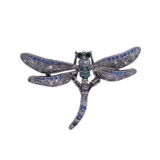 Large Emerald Dragonfly Pin Brooch with Blue Swarovski Crystals