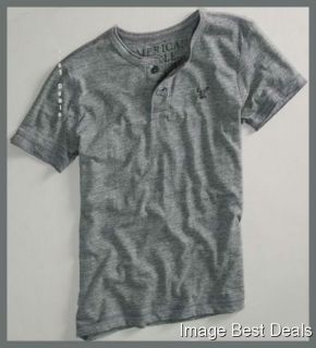 American Eagle Mens AE Athletic Fit Henley Gray T Shirt New Free Fast