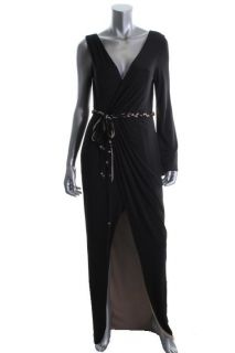 Hoaglund New Black Jersey Tie Waist Faux Wrap Formal Dress Gown 12